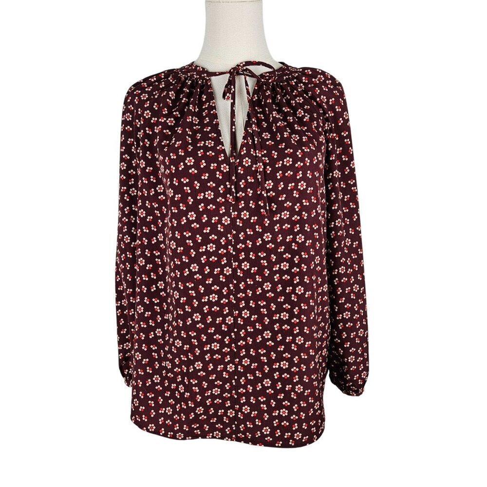 Boden Polly Peasant Blouse Size 8 Burgundy‎ Floral Boho Tie
